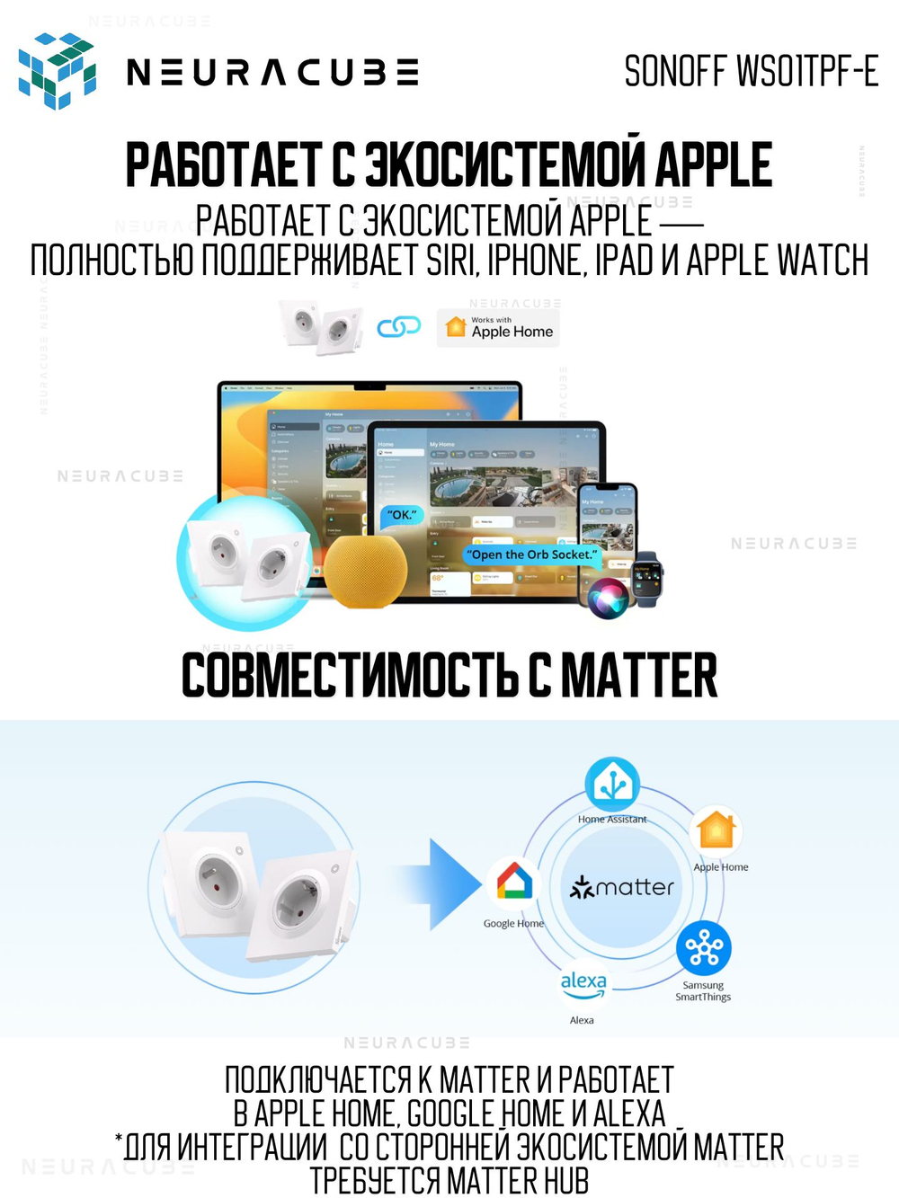 Маtter (Wifi) Розетка SONOFF WS01TPF-E Max16A (Работает с Алисой)