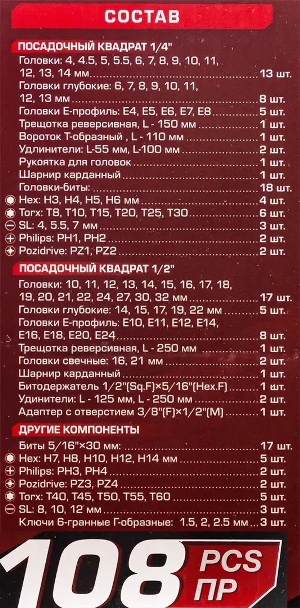 Набор инструментов 108пр. Profi 1/2'',1/4''(6гр.)(4-32мм) FORCEKRAFT FK-41082-5