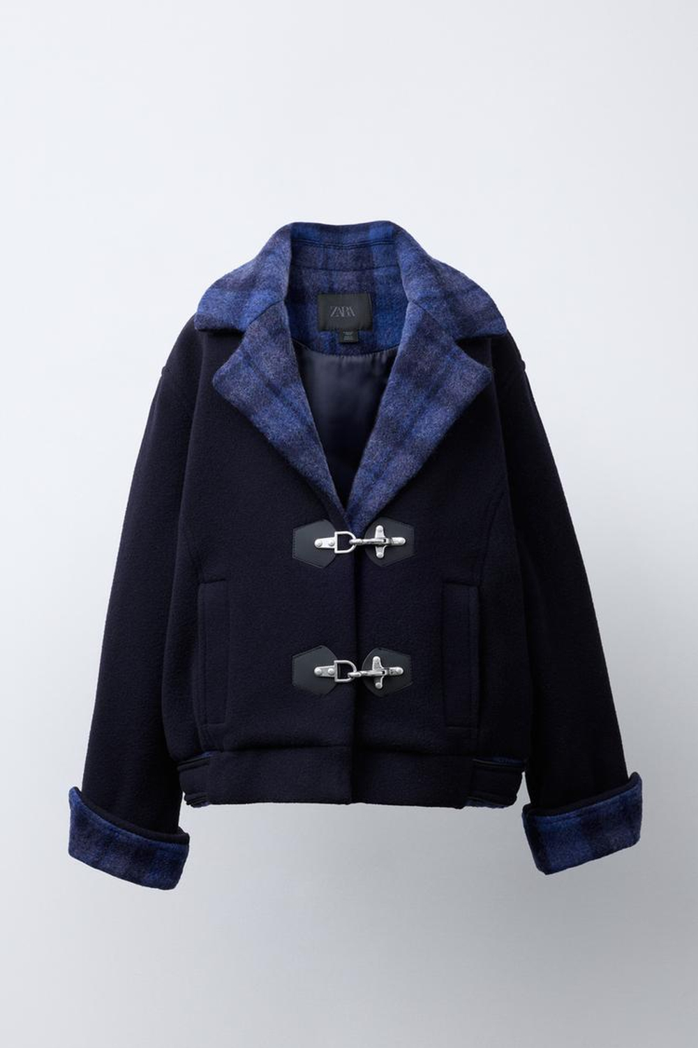 ZARA ПАЛЬТО ИЗ СМЕСОВОЙ ШЕРСТИ В КЛЕТКУ, МОРСКОЙ ТЕМНО-СИНИЙ