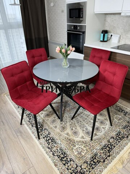 Круглый стеклянный раздвижной стол и стулья "ГУЧИ" бордовый