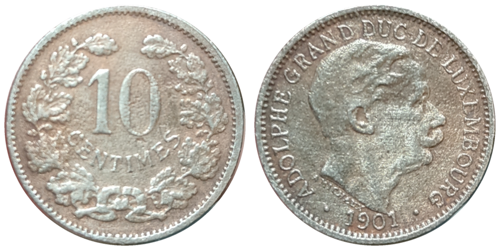 Люксембург 10 сантимов, 1901 Герцог Адольф VF