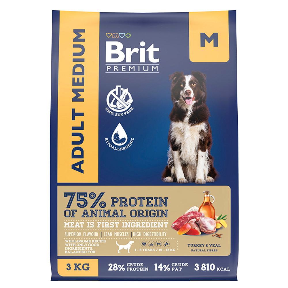 Сухой корм Brit Premium Dog Adult Medium индейка и телятина 3кг,для собак сред.пород 04.25