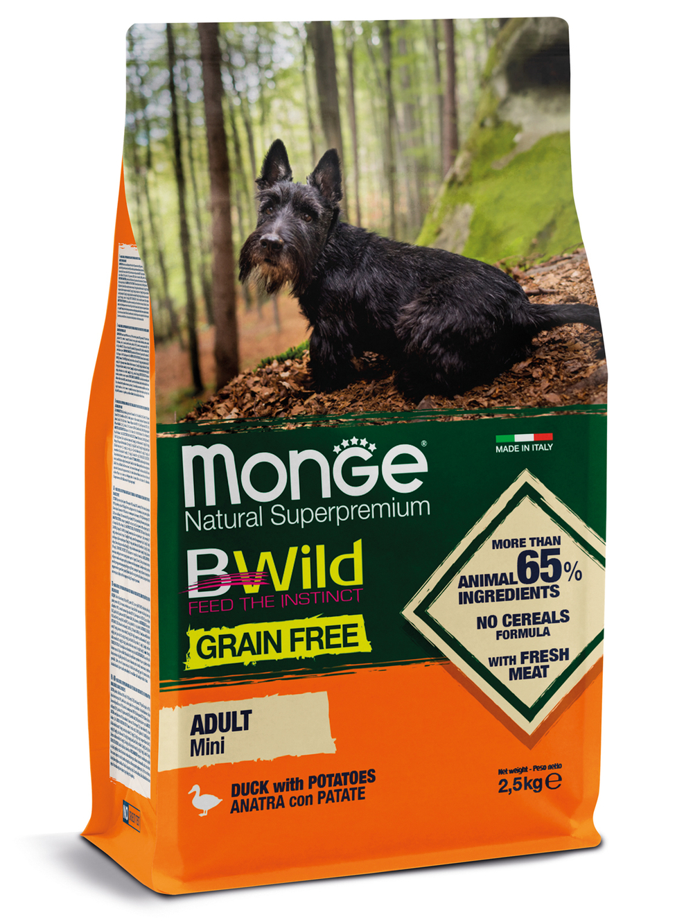 Сухой корм Monge Dog BWild GRAIN FREE Mini корм для взрослых собак мелких пород, беззерновой, из утки с картофелем 2,5 кг