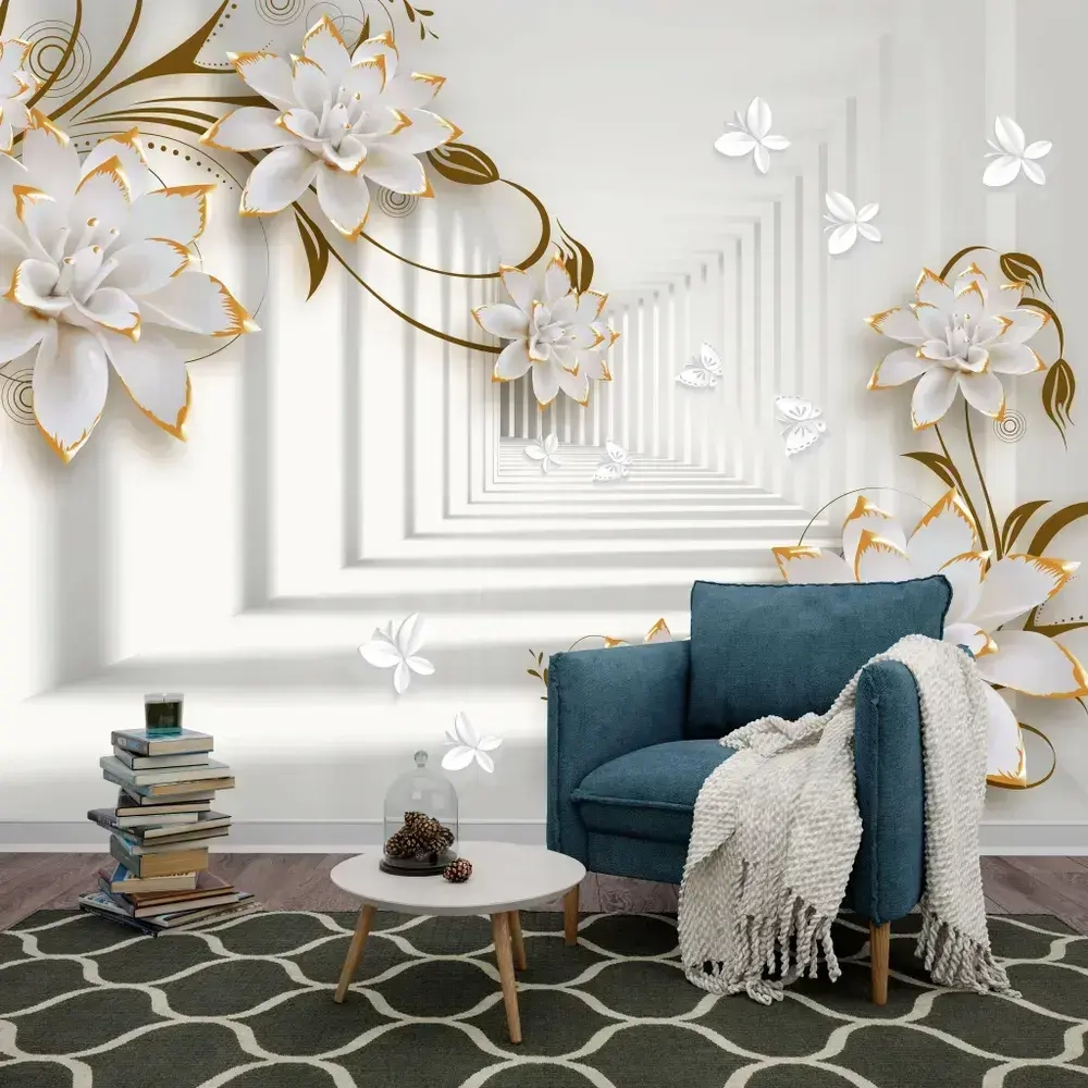 Фотообои на стену "Объемный проход украшенный авантажными цветами" 300х270см / виниловые на флизелиновой основе