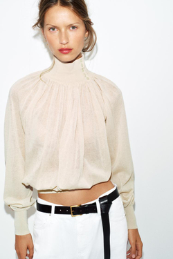 ZARA БЛУЗА СВОБОДНОГО КРОЯ ИЗ КОМБИНИРОВАННОГО ТРИКОТАЖА, ПЕСОЧНЫЙ