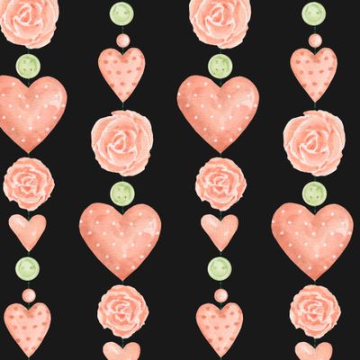 Ряды сердечек и роз на черном фоне