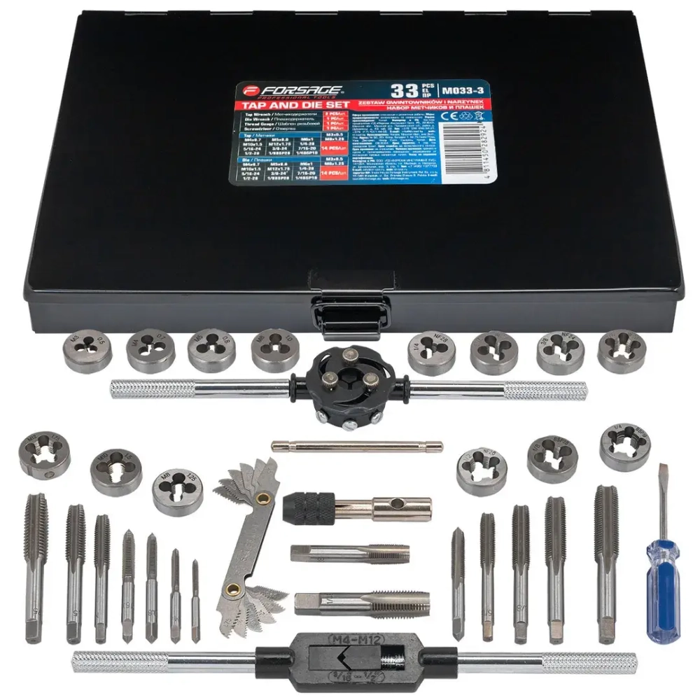 Набор метчиков и плашек 33пр.(метрич+дюйм)(М3х0.5,М4х0.7,М5х0.8,М6х1.0,М8х1.25,М10х1.5,М12х1.75,1/4,5/16,3/8,7/16,1/2,1/8-28,1/4-19),в метал.кейсе Forsage F-M033-3