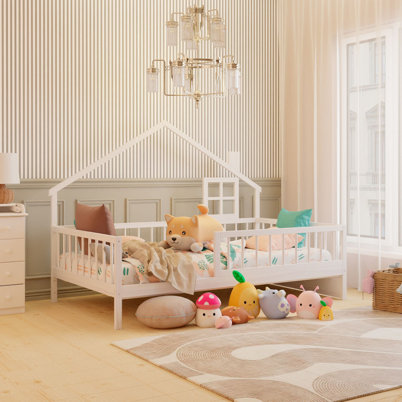 Кровать-домик односпальная 120х200 Локи с настилом из массива сосны для детской комнаты, белая