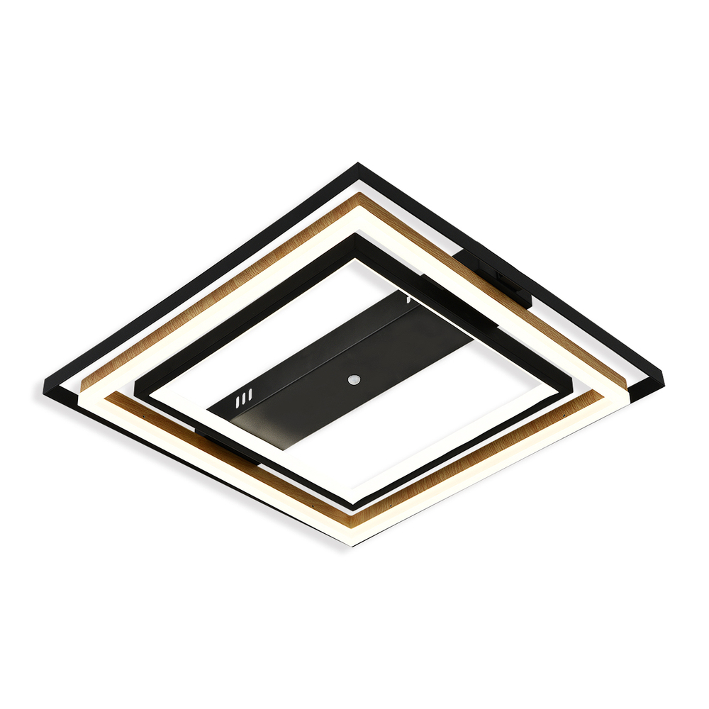 Потолочный светодиодный светильник 83Вт, 6600лм, 3000-6500K, Ra>80, плавная регулировка мощности, изменение цветовой температуры, ночник, пульт, металл/акрил, чёрный/дерево