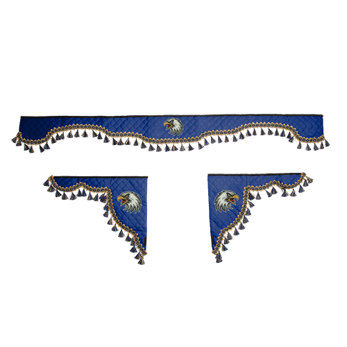 Ламбрекен с косынками универсальные стеганые Орел (экокожа, синий, синие кисточки)