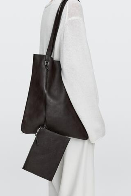 Massimo Dutti Сумка-тоут из кожи наппа с деталью в виде клатча, коричневый