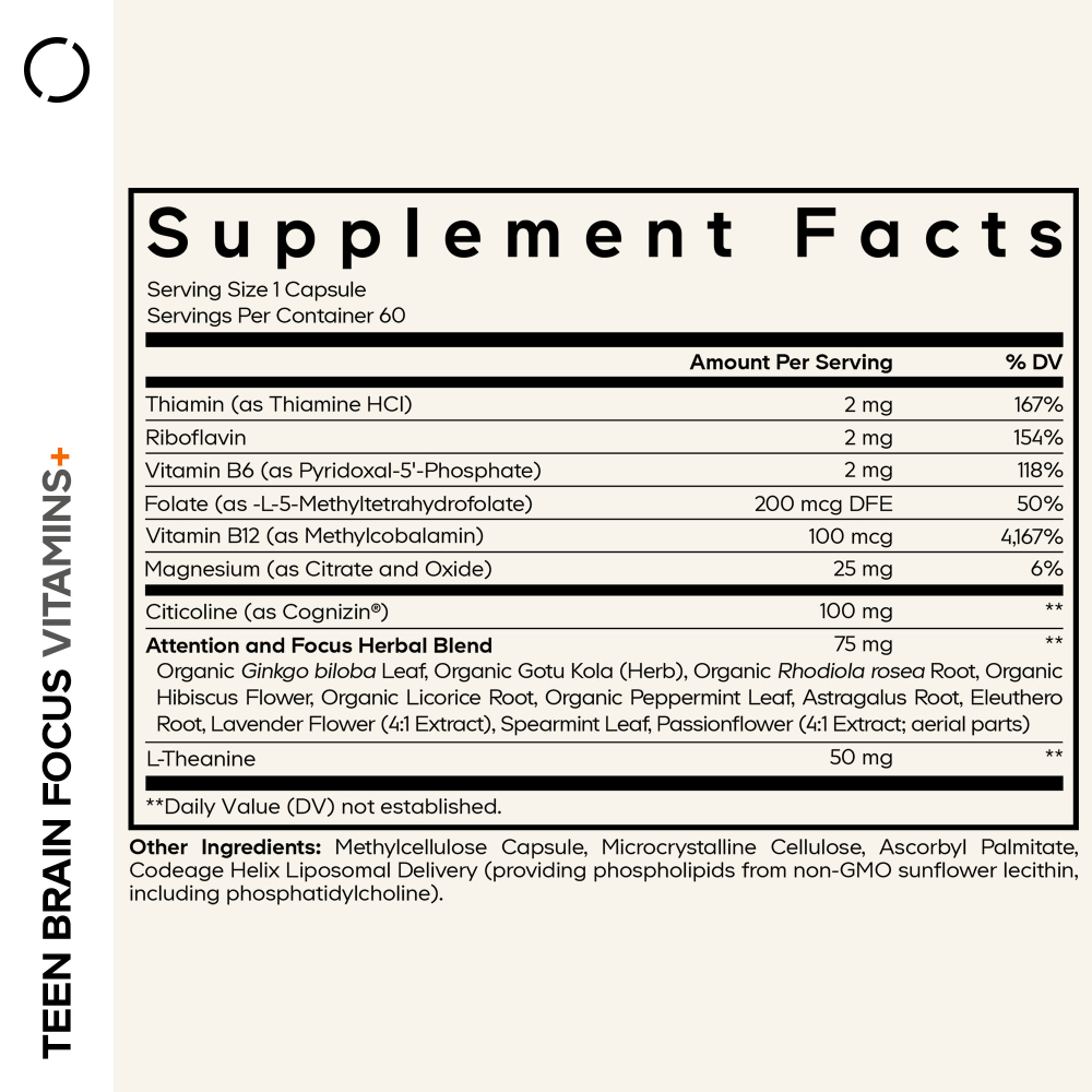 Codeage, Teen Brain Focus Vitamins +, 60 растительных капсул
