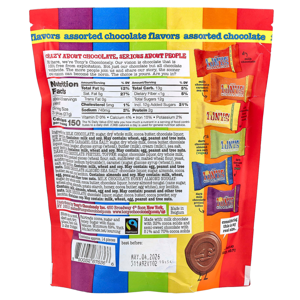 Tony's Chocolonely, шоколадное ассорти, 14 шт. по 9 г (0,32 унции)