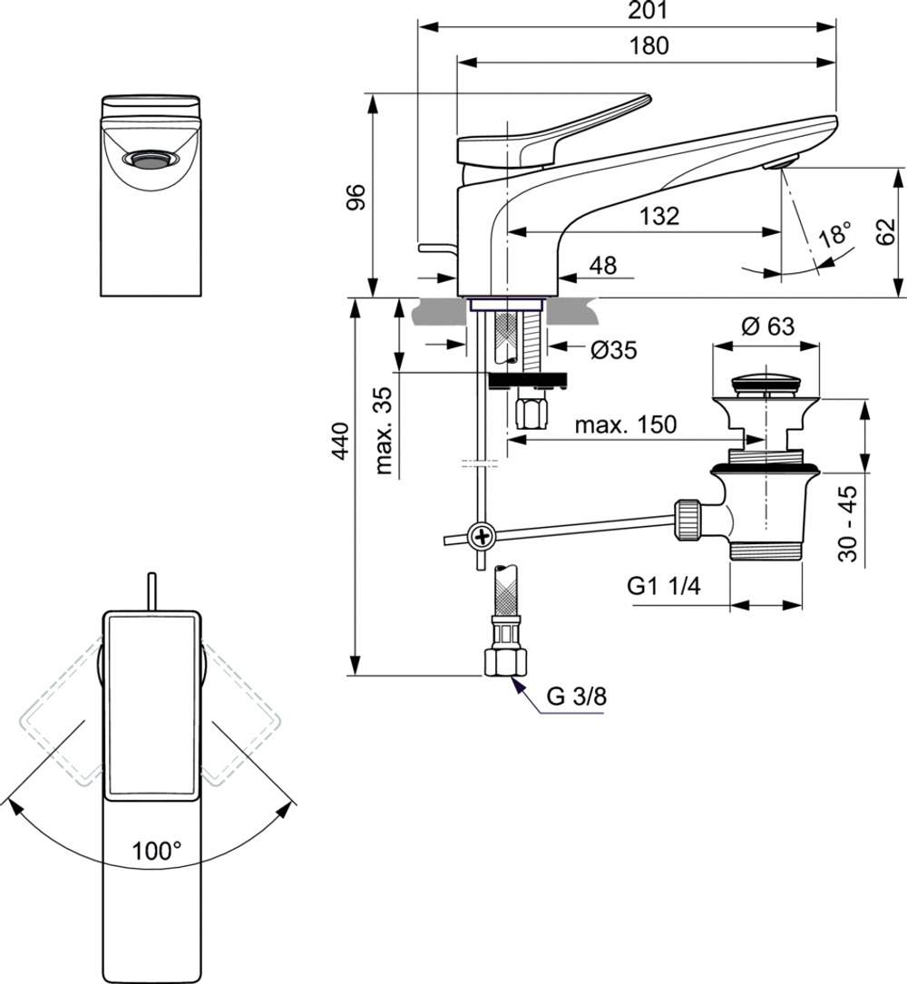 Смеситель Ideal Standard  Conca  для умывальника с донным клапаном, цвет - хром