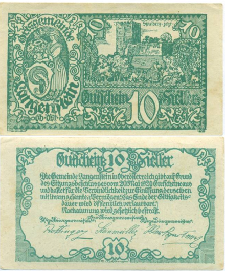 Австрия 10 геллеров 1920 Лангенштайн aUNC