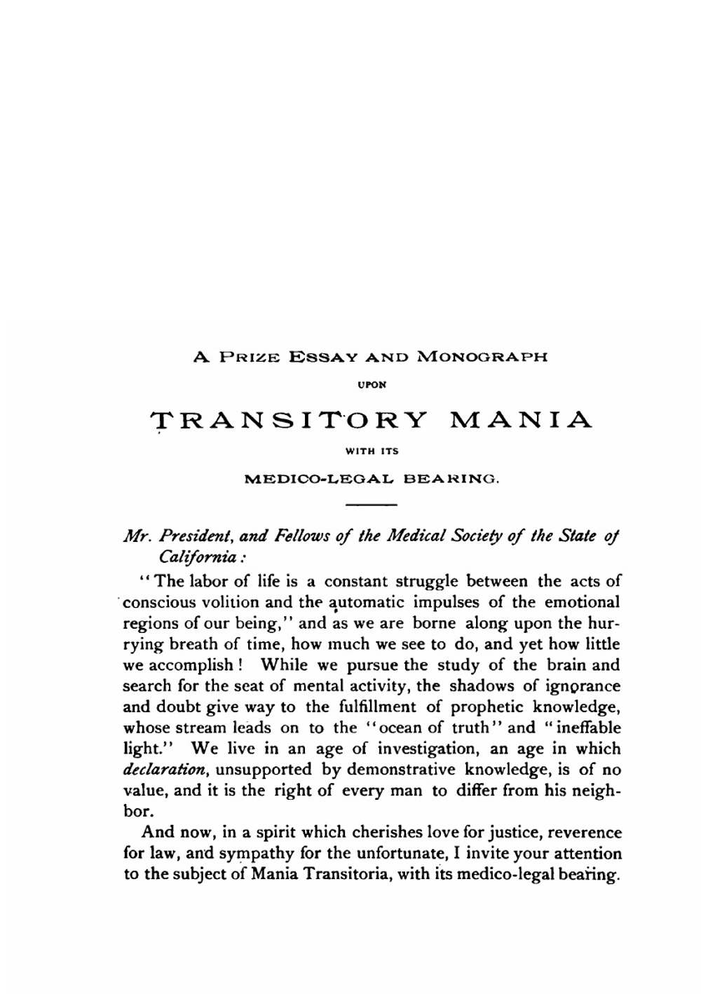 Transitory Mania, with Its Medico-legal Bearing | Washington Ayer