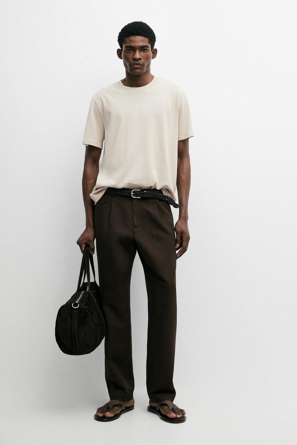 Massimo Dutti Футболка из хлопка и льна с двойным воротом, коричневый