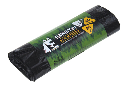 Мешки для мусора ТМ Ёлка 60л 20 шт/уп 6мкм 60смх70см черные вес рулона 90г вес мешка 4.5г ПНД дно плоское со швом без боковых фальцев Ромашка ЕЛР60-20/45