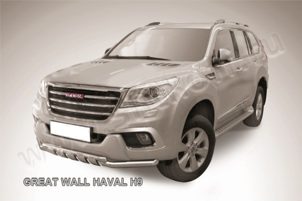 Защита переднего бампера (нержавейка) Haval H9 (2014-2017) d57+d57 с защитой картера