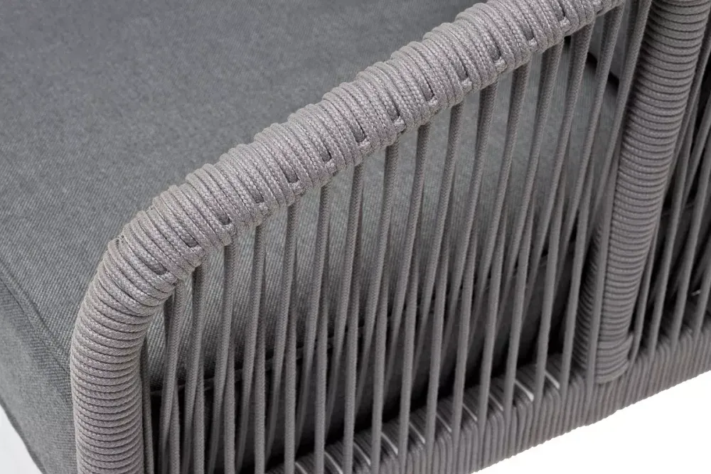 "Канны" диван 3-местный плетеный из роупа, каркас алюминий белый муар, роуп светло-серый круглый, ткань серая 017