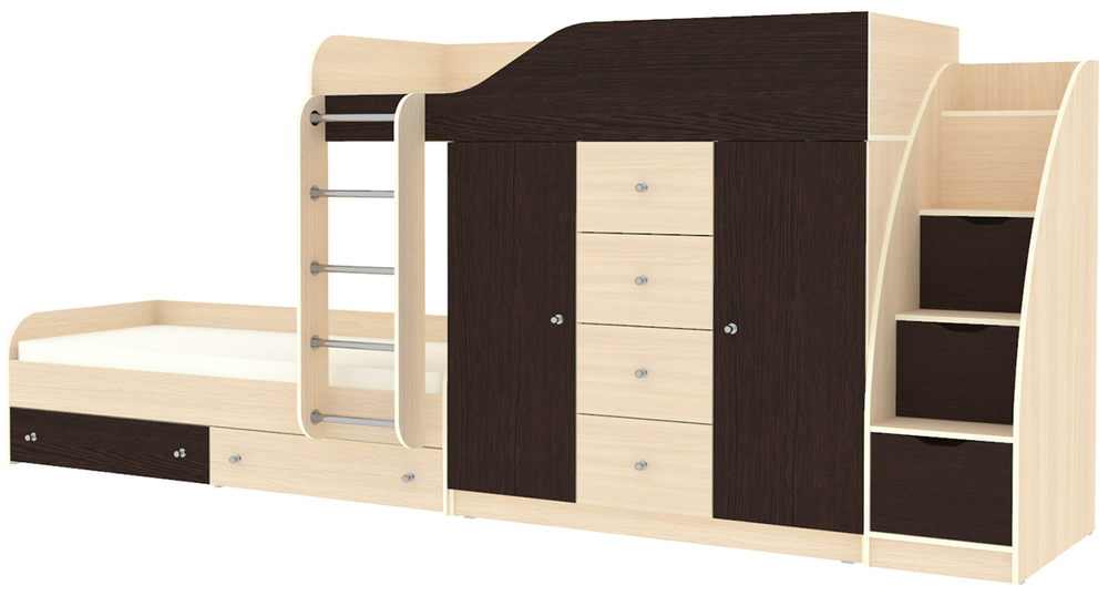 Кровать двухъярусная КарИВи Астра 6 с лестницей Комод КарИВиом  Дуб Молочный Венге