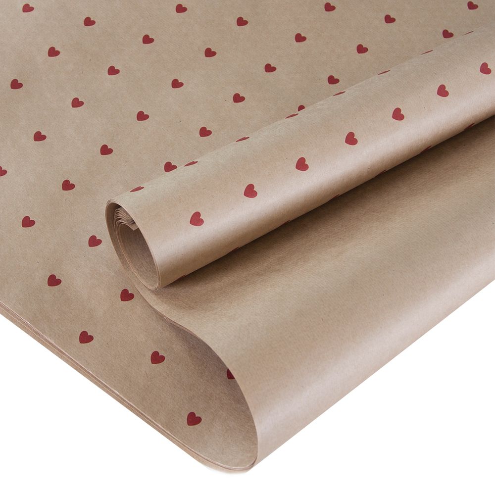 Упаковочная бумага, Крафт (0,7*1 м) Сердечки, Красный, 10 шт.