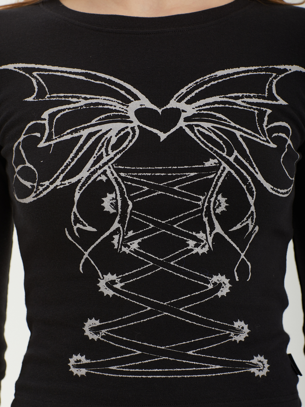 Женский Лонгслив Black Lace Up Print