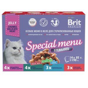 Набор паучей Brit Premium для стерилизованных кошек, Особое меню в желе, 14 шт х 85г