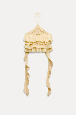 ZARA УКОРОЧЕННЫЙ ТОП ИЗ РЕЛЬЕФНОЙ ТКАНИ С ГОРЛОВИНОЙ ХАЛТЕР И ВОЛАНАМИ, ЖЕЛТЫЙ