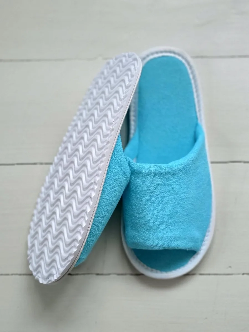 Тапочки махровые голубые, открытый нос