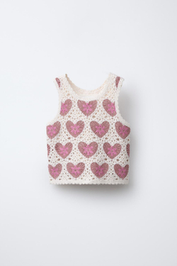 ZARA ТОП ИЗ КРУЖЕВА КРОШЕ, РОЗОВЫЙ/БЕЛЫЙ