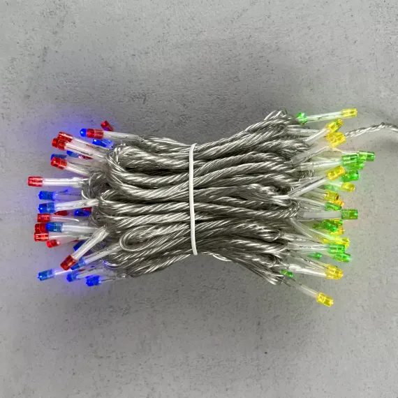 Светодиодная гирлянда 10 м., 3 батарейки типа D 4.5V, 100 разноцветных LED ламп, таймер, прозрачный провод, LTC (EST100-4W10-8M)