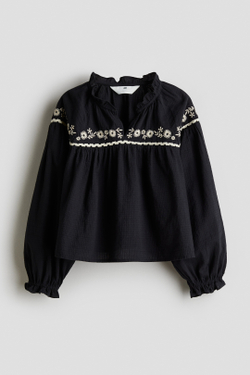 H&M Хлопковая блузка с вышивкой, черный