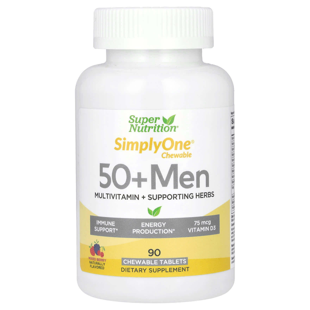 Super Nutrition, SimplyOne, мультивитамины и поддерживающие травы для мужчин старше 50 лет, вкус ягод, 90 жевательных таблеток