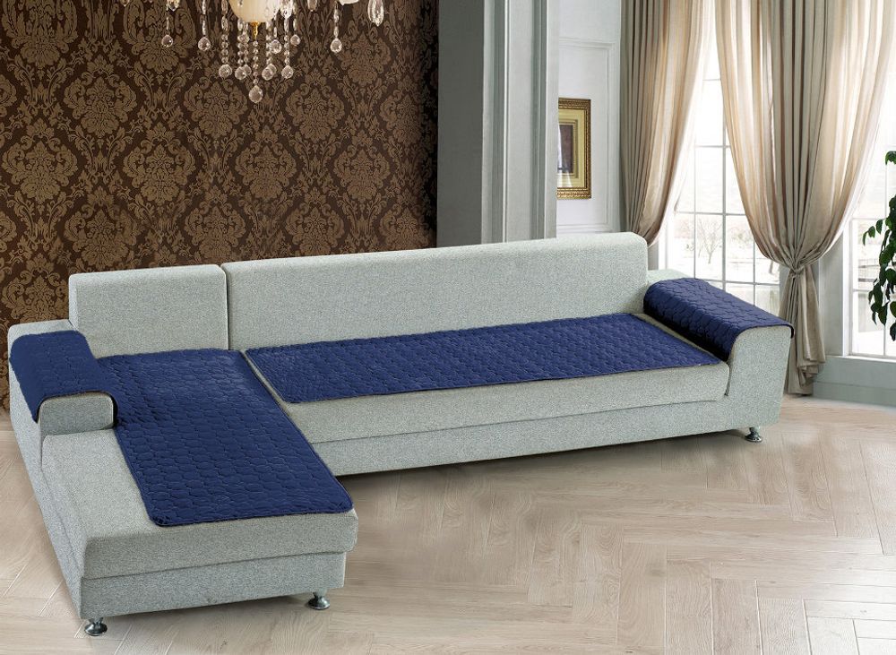 Дивандеки накидки на угловой диван с оттоманкой и подлокотниками Соты Синий