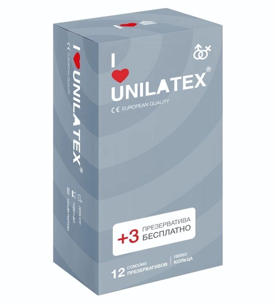 Презервативы с рёбрами Unilatex Ribbed - 12 шт. + 3 шт. в подарок