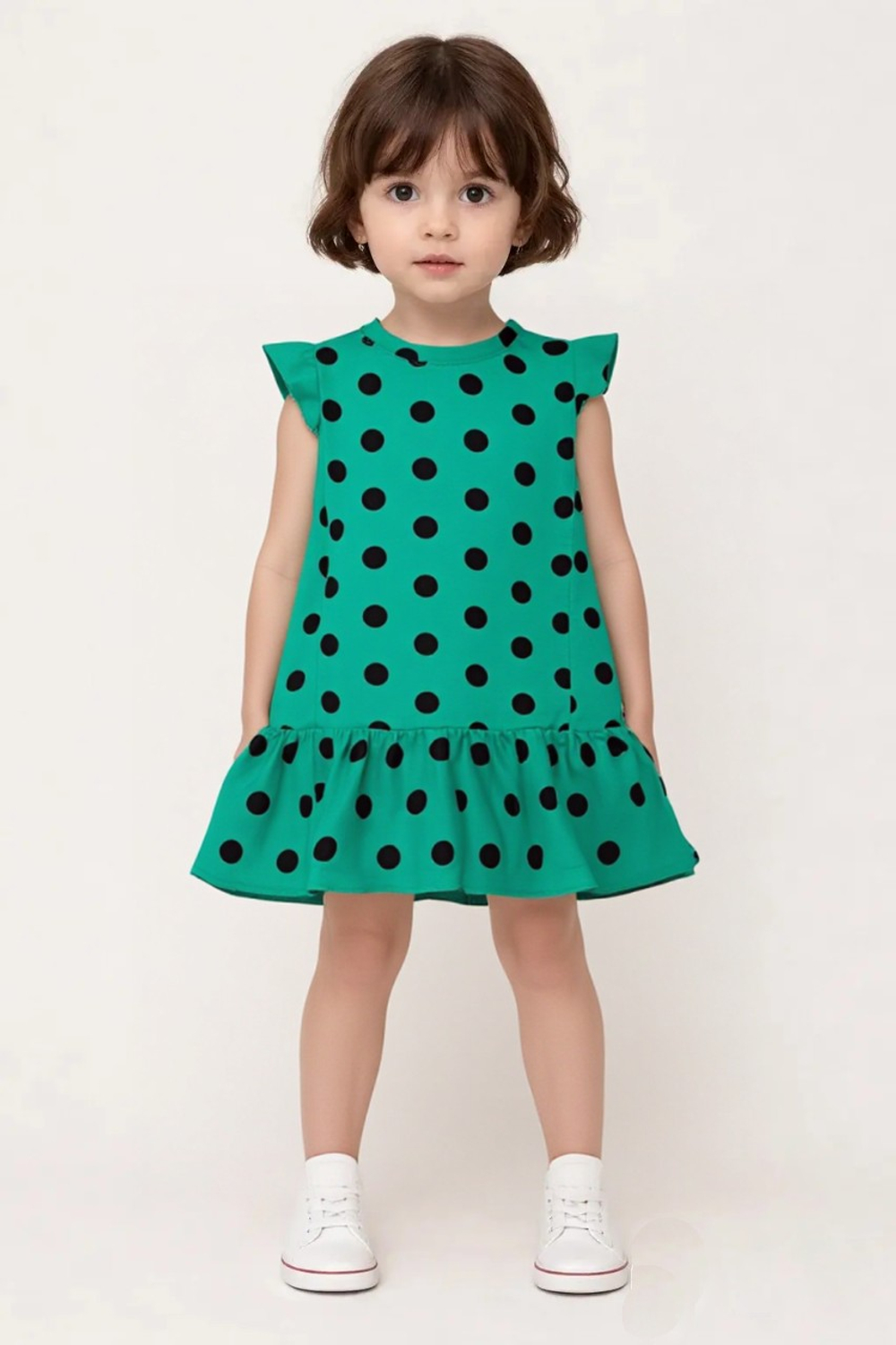 10566 Платье детское с оборкой, рукав крылышко кулирка черный горох на изумруде (56-98/104)