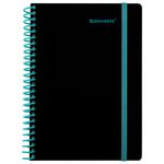 Тетрадь обложка пластик, А5 80 л., спираль пластик, резинка, клетка, BRAUBERG, черный/синий, 405385