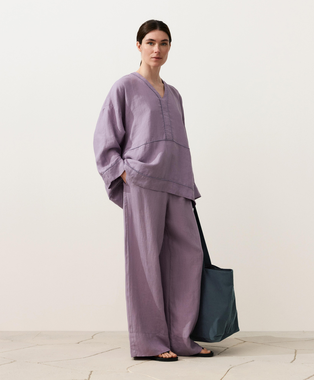 OYSHO Прямые брюки из 100% льна с декоративной строчкой, сиреневый