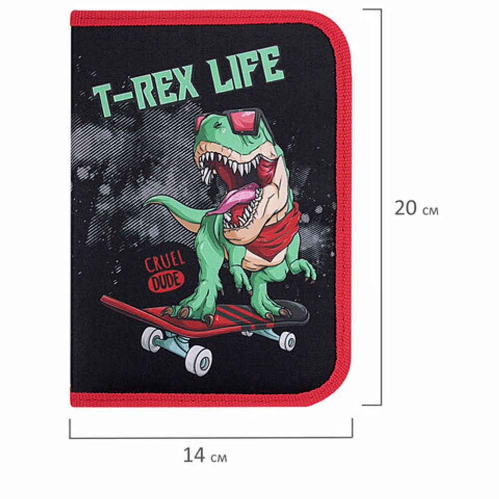 Пенал ПИФАГОР, 1 отделение 2 откидные планки, полиэстер, 20х14 см, "T-Rex Life", 271513
