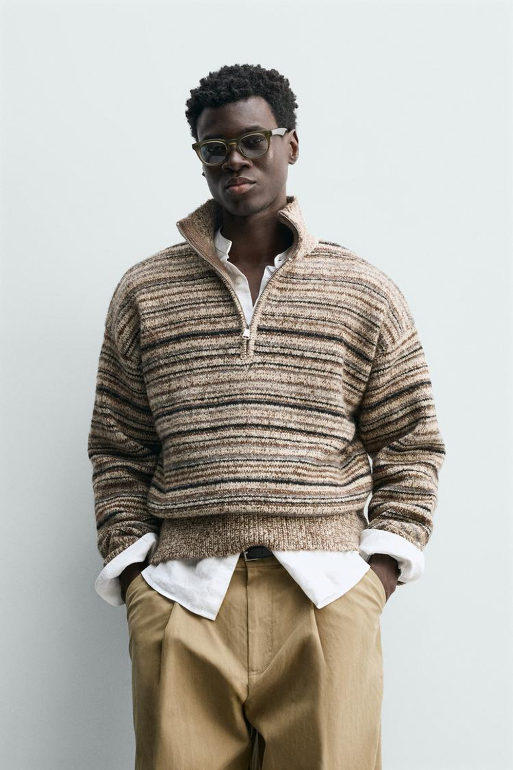 ZARA СВИТЕР С ВОРОТНИКОМ НА МОЛНИИ ИЗ СКРУЧЕННОЙ ПРЯЖИ, СВЕТЛО-КОРИЧНЕВЫЙ