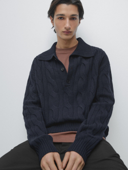 Massimo Dutti Вязаный шерстяной свитер с воротником-поло, темно-синий