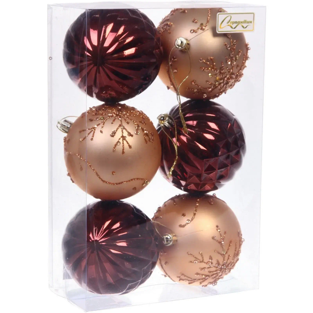 Новогодние шары «Волшебный бал» 8 см (набор 6 шт), Шоколад/Шампань