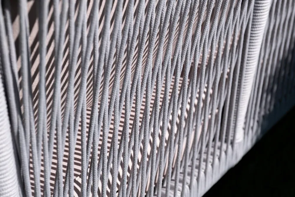 "Канны" диван 2-местный плетеный из роупа, каркас алюминий белый муар, роуп светло-серый круглый, ткань серая 017