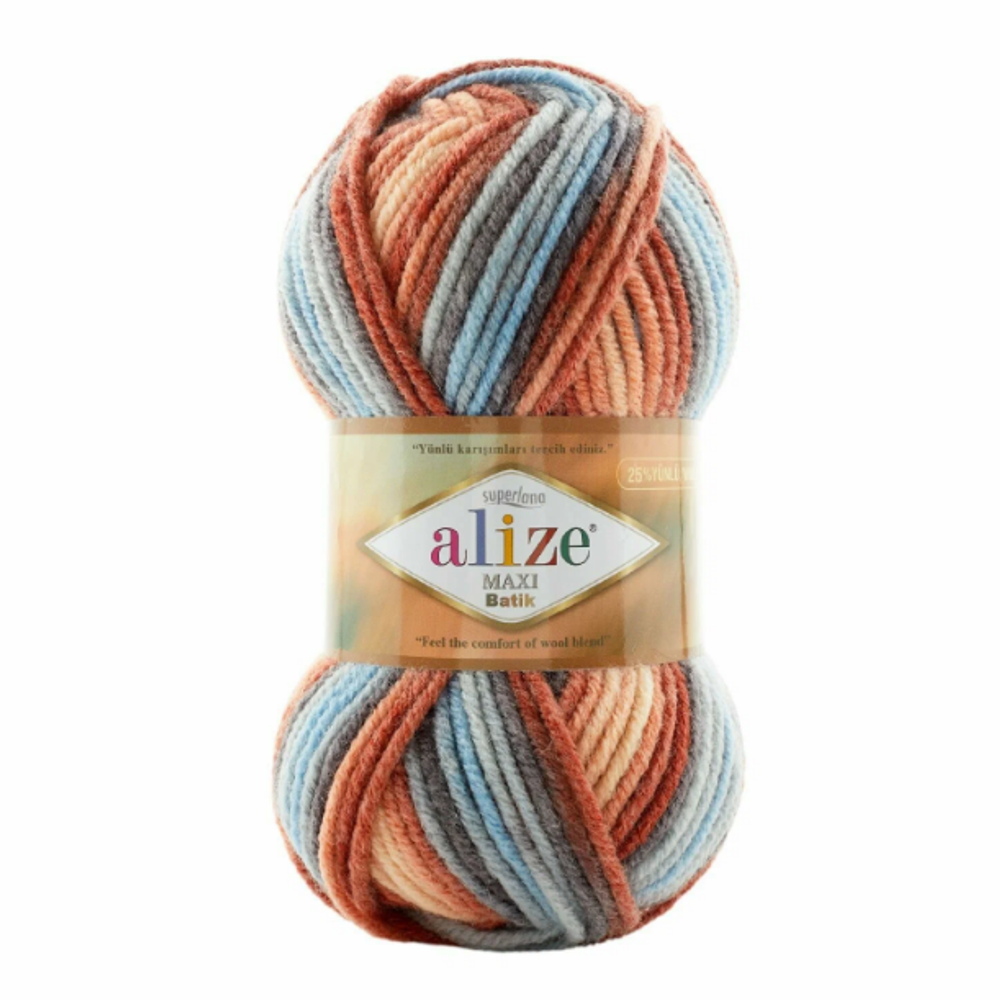 ALIZE &quot;SUPERLANA MAXI BATİK&quot;, 25% Шерсть - 75% Aкрил, 100 гр, 100 м, 7922 голубой/красный/коричневый