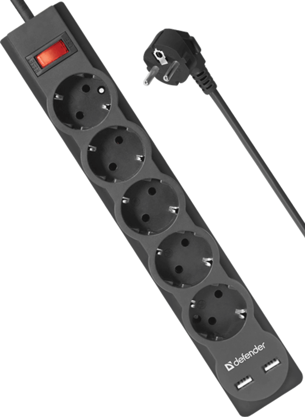 Сетевой фильтр Defender DFS 753 5 розеток, 3 м (защита от ВЧ и импульсных помех, USB зарядка 2.1А)