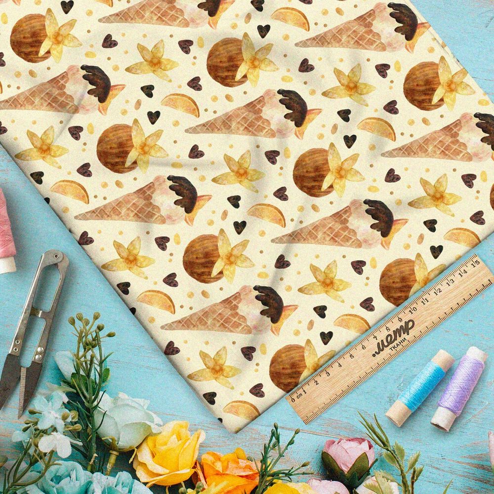 Ткань лён ванильное мороженое и кокосы на жёлтом фоне