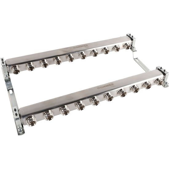 Коллектор Rommer 1"x3/4" на 11 контуров для радиаторной разводки (нерж. сталь) RMS-4401-000011