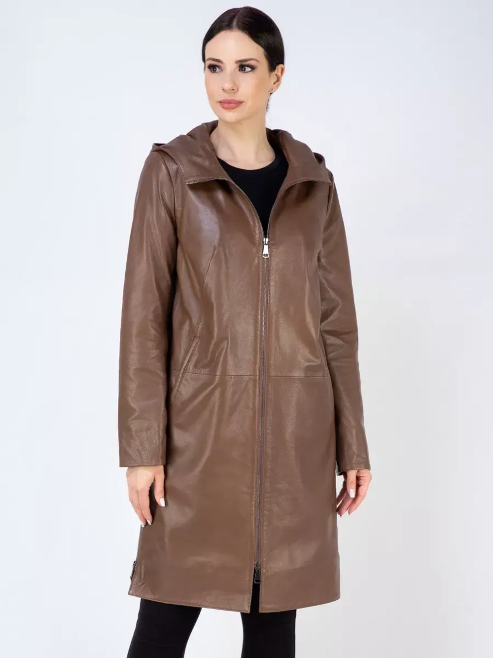 Плащ осенний кожаный с капюшоном