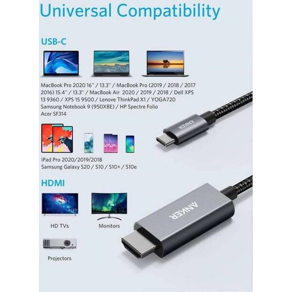 Кабель Anker 311 USB-C to HDMI 4K 1.8 м Nylon Cable (A8730H11) черный